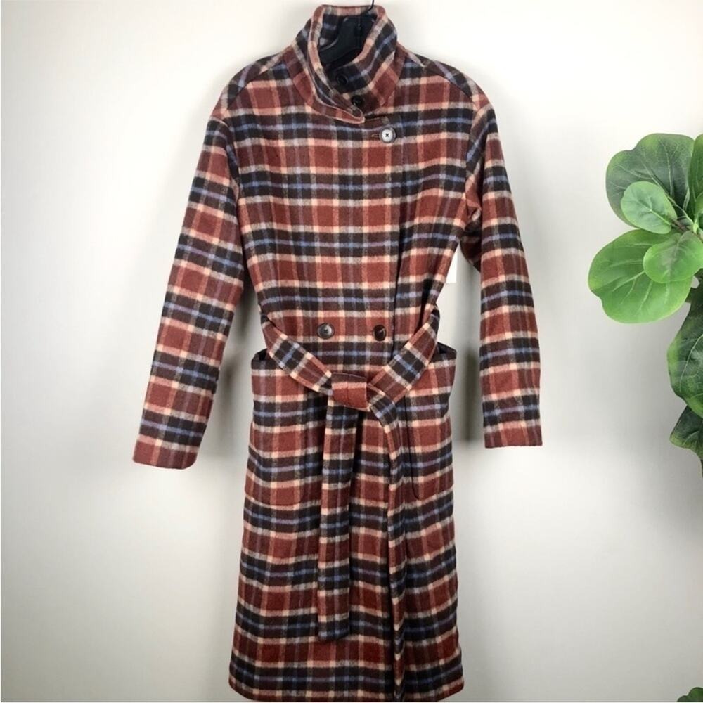 Madewell Rust Wool Blend Plaid Women's Coat Long Belted AA327 S - Picture 5 of 15